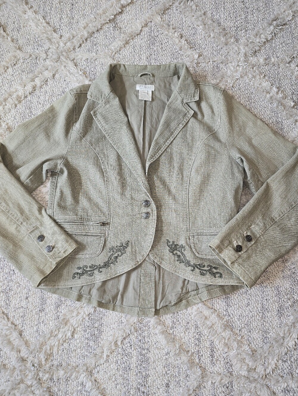 FDJ French Dressing Y2K Green Jean Jacket Women’s Size M Embroidered Soft